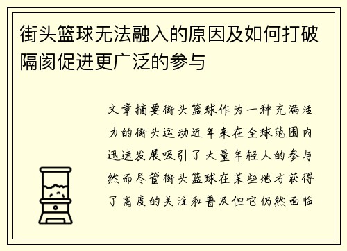 街头篮球无法融入的原因及如何打破隔阂促进更广泛的参与